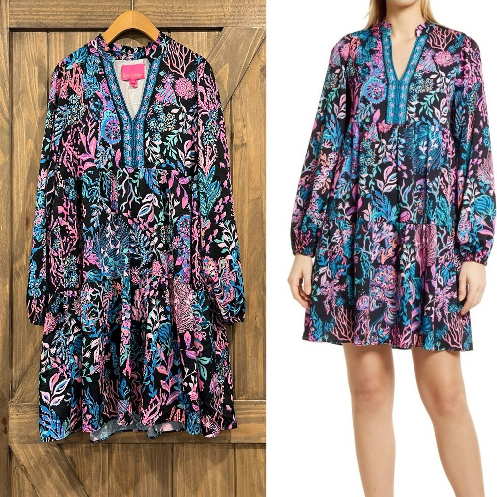 Lilly Pulitzer Small Arella Swing Dress Onyx Twilight Coral Engineered